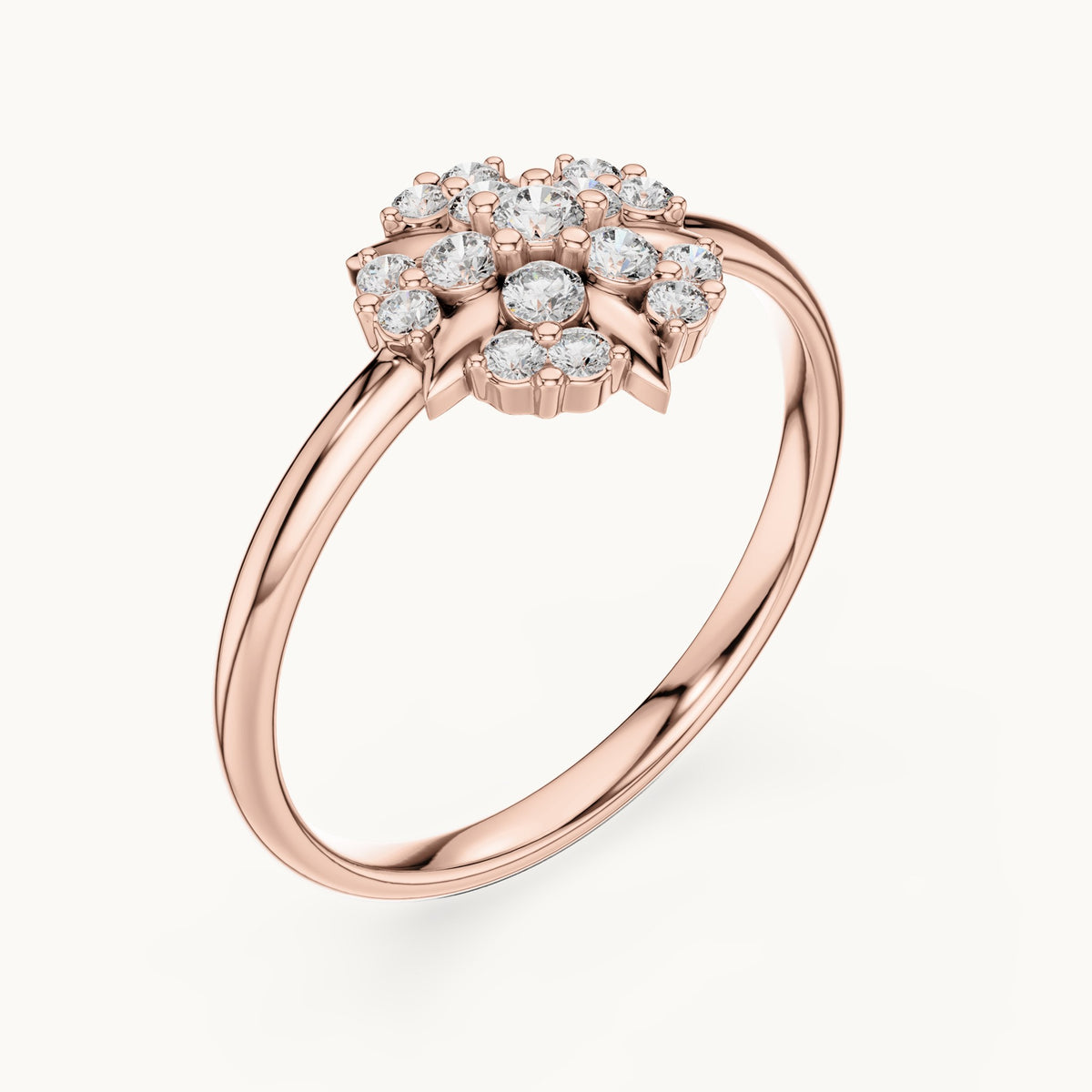 Round lab-grown diamond leaf cluster flower ring in rose gold, 0.175 CT TW, view 2