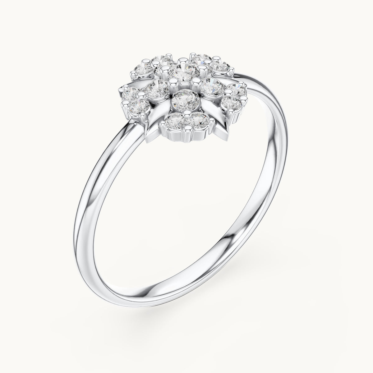 Round lab-grown diamond leaf cluster flower ring in white gold, 0.175 CT TW, view 2