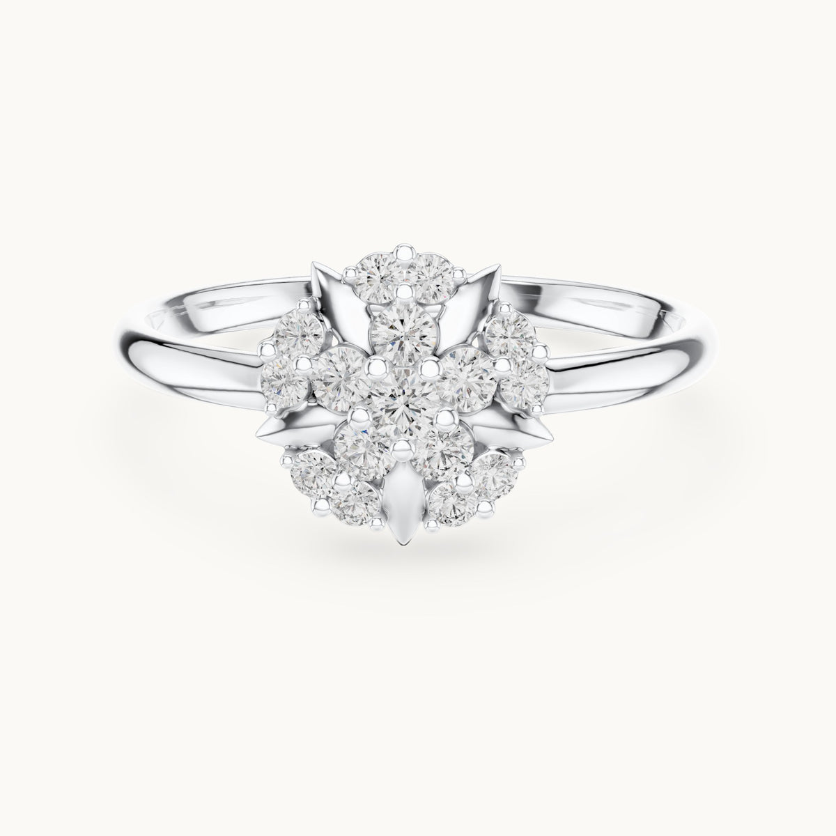 Round lab-grown diamond leaf cluster flower ring in white gold, 0.175 CT TW, view 4