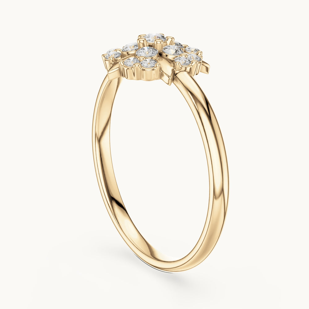 Round lab-grown diamond leaf cluster flower ring in yellow gold, 0.175 CT TW, view 1