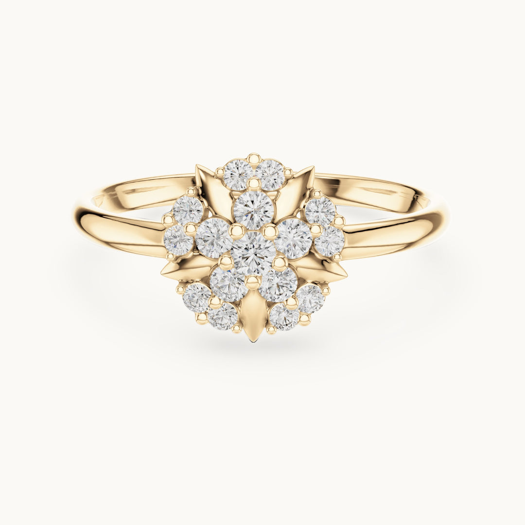 Round lab-grown diamond leaf cluster flower ring in yellow gold, 0.175 CT TW, view 4
