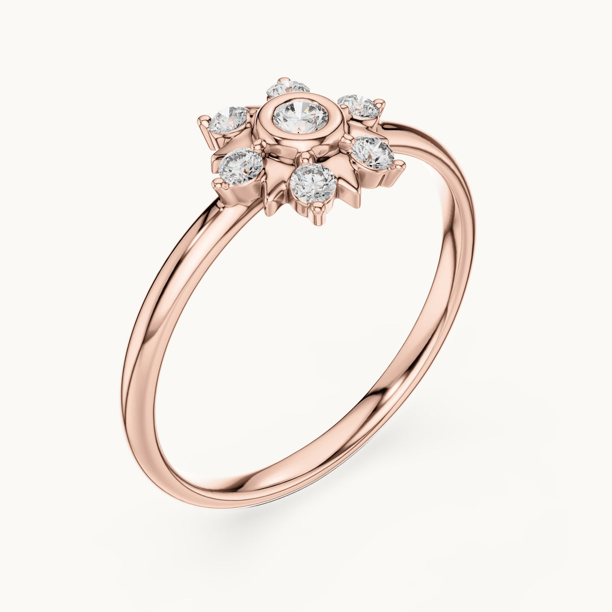 Round lab-grown diamond bezel sun star ring in rose gold, 0.125 CT TW, view 2