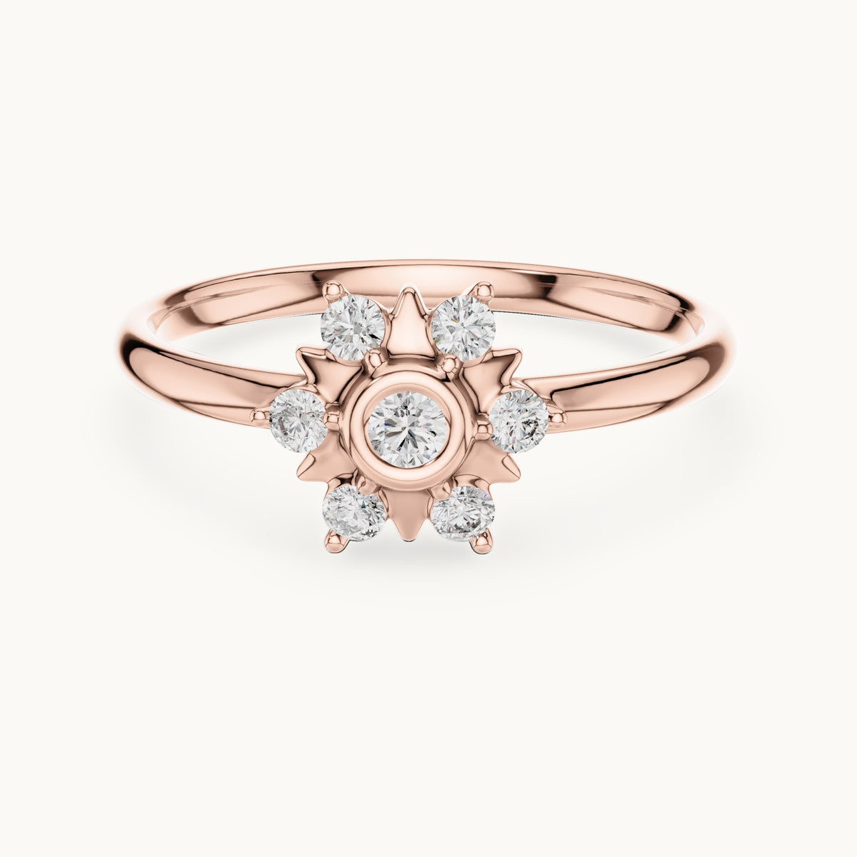 Round lab-grown diamond bezel sun star ring in rose gold, 0.125 CT TW, view 4