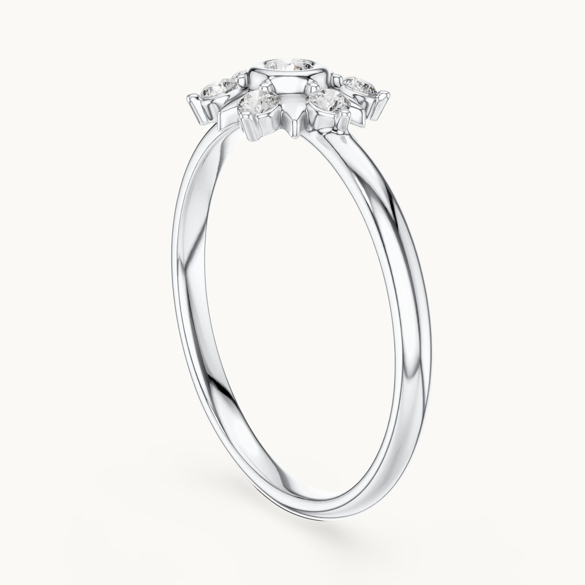 Round lab-grown diamond bezel sun star ring in white gold, 0.125 CT TW, view 1