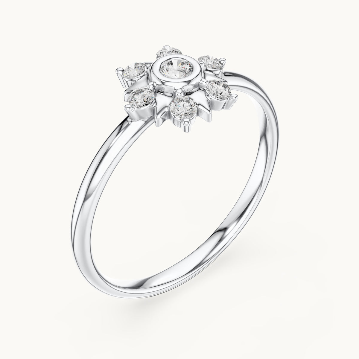 Round lab-grown diamond bezel sun star ring in white gold, 0.125 CT TW, view 2