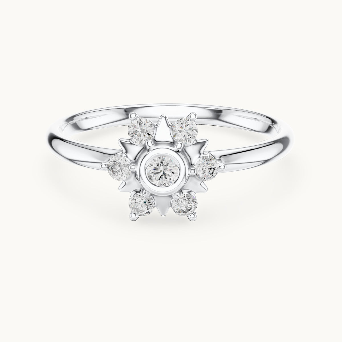 Round lab-grown diamond bezel sun star ring in white gold, 0.125 CT TW, view 4