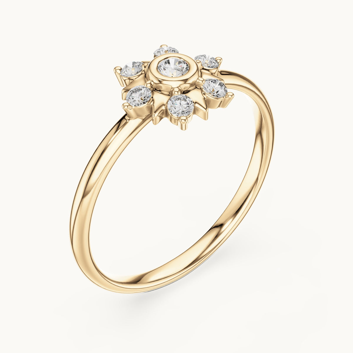 Round lab-grown diamond bezel sun star ring in yellow gold, 0.125 CT TW, view 2
