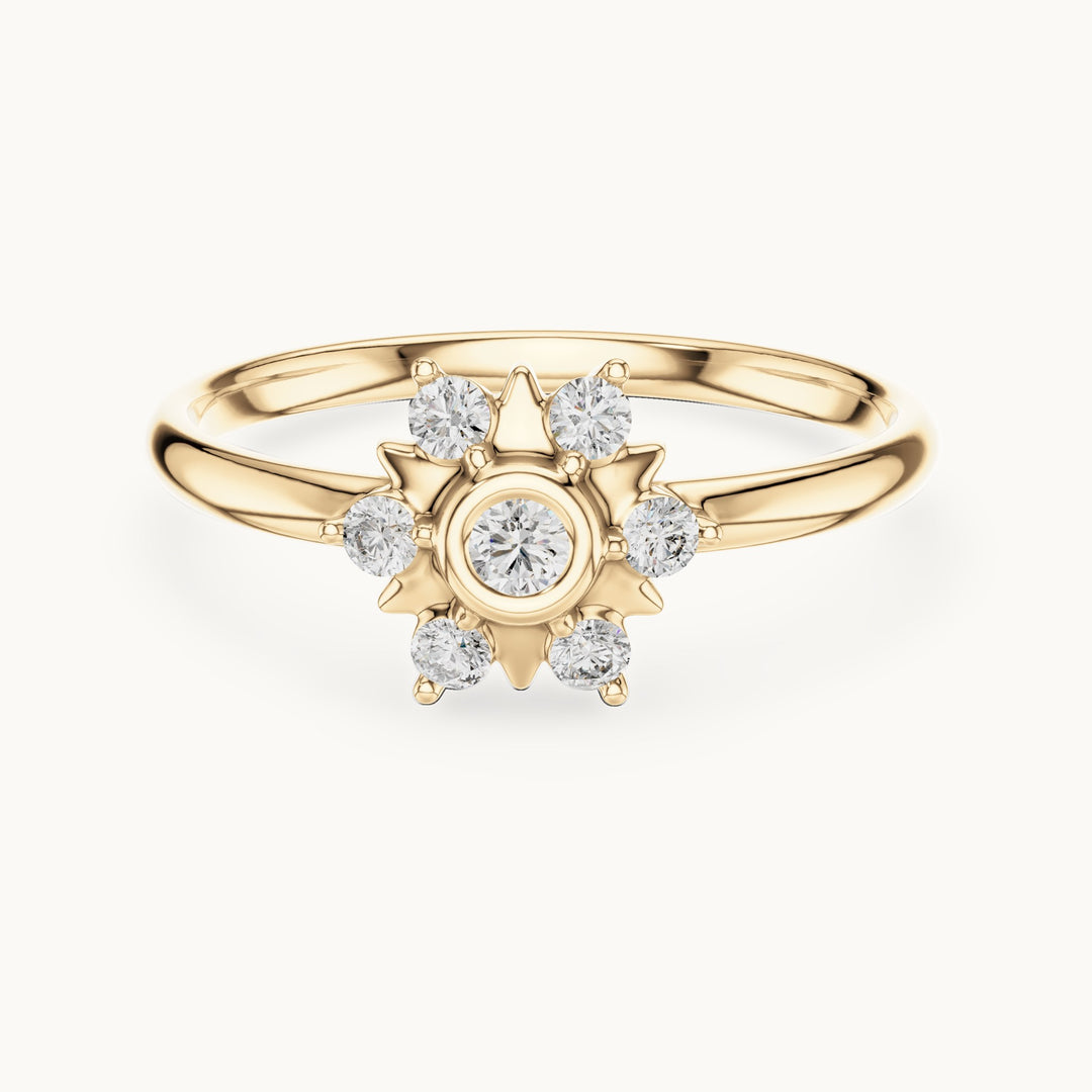 Round lab-grown diamond bezel sun star ring in yellow gold, 0.125 CT TW, view 4
