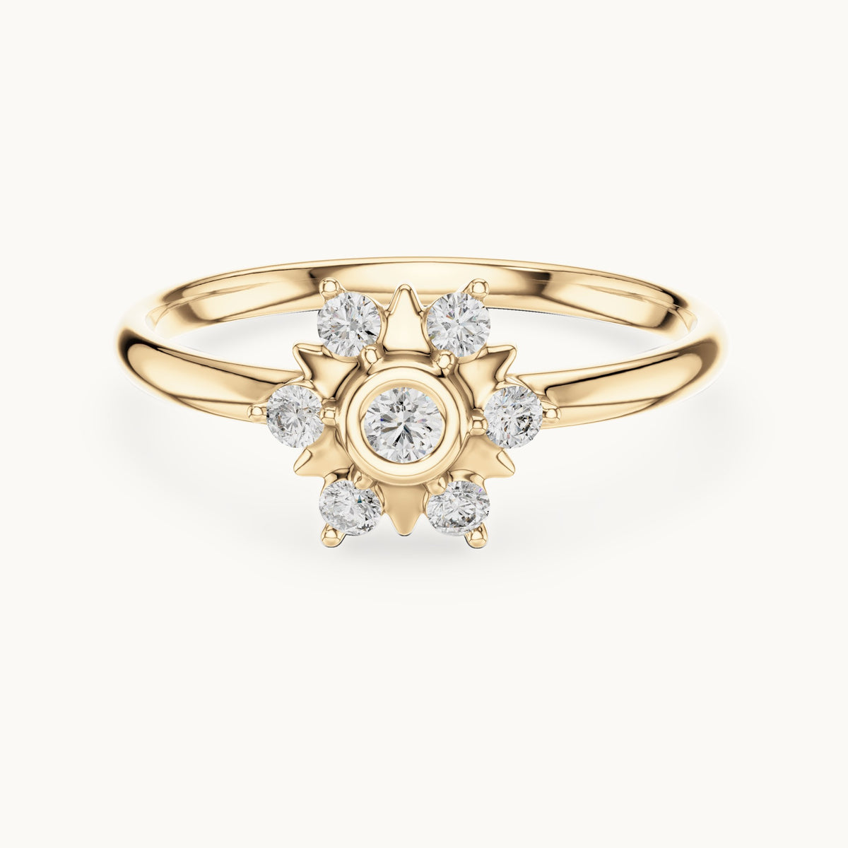 Round lab-grown diamond bezel sun star ring in yellow gold, 0.125 CT TW, view 4