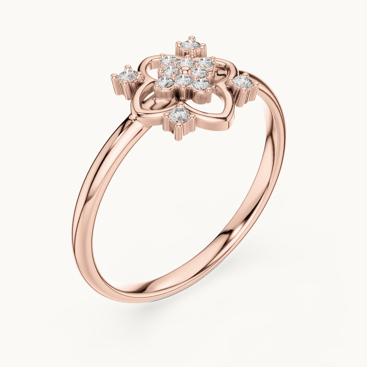 Round lab-grown diamond quatrefoil outline cluster ring in rose gold, 0.064 CT TW, view 2
