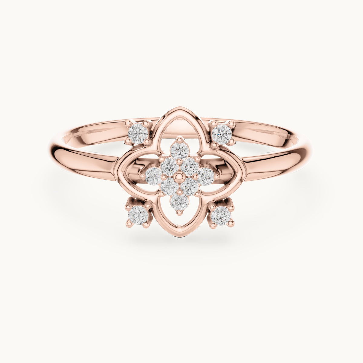 Round lab-grown diamond quatrefoil outline cluster ring in rose gold, 0.064 CT TW, view 4