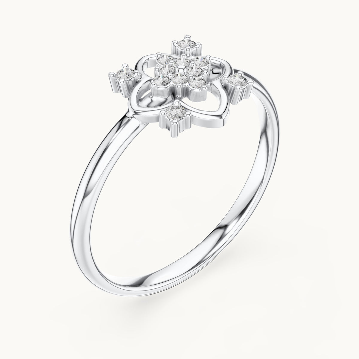 Round lab-grown diamond quatrefoil outline cluster ring in white gold, 0.064 CT TW, view 2