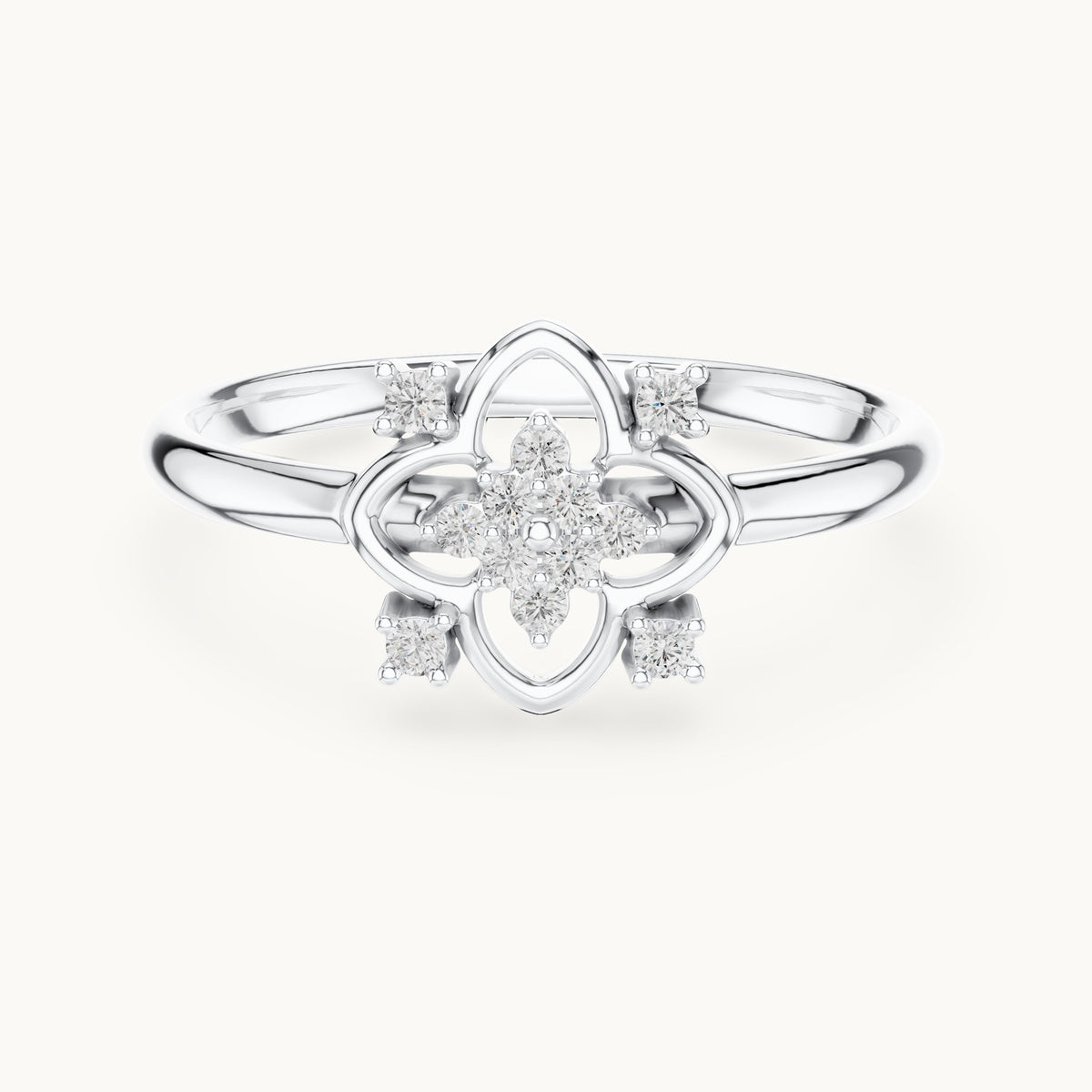 Round lab-grown diamond quatrefoil outline cluster ring in white gold, 0.064 CT TW, view 4