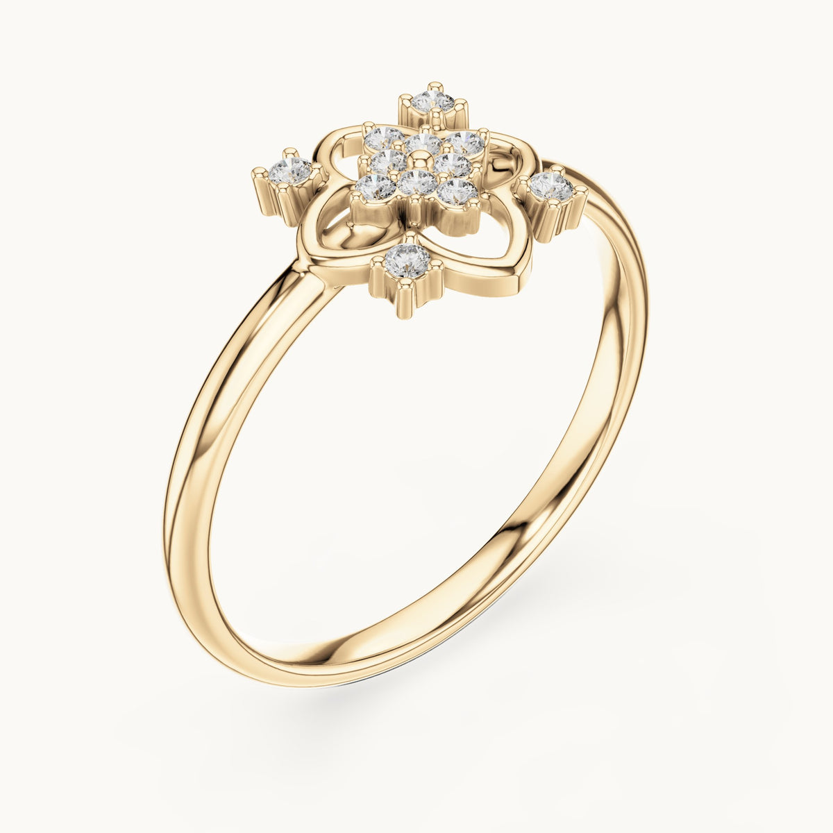 Round lab-grown diamond quatrefoil outline cluster ring in yellow gold, 0.064 CT TW, view 2
