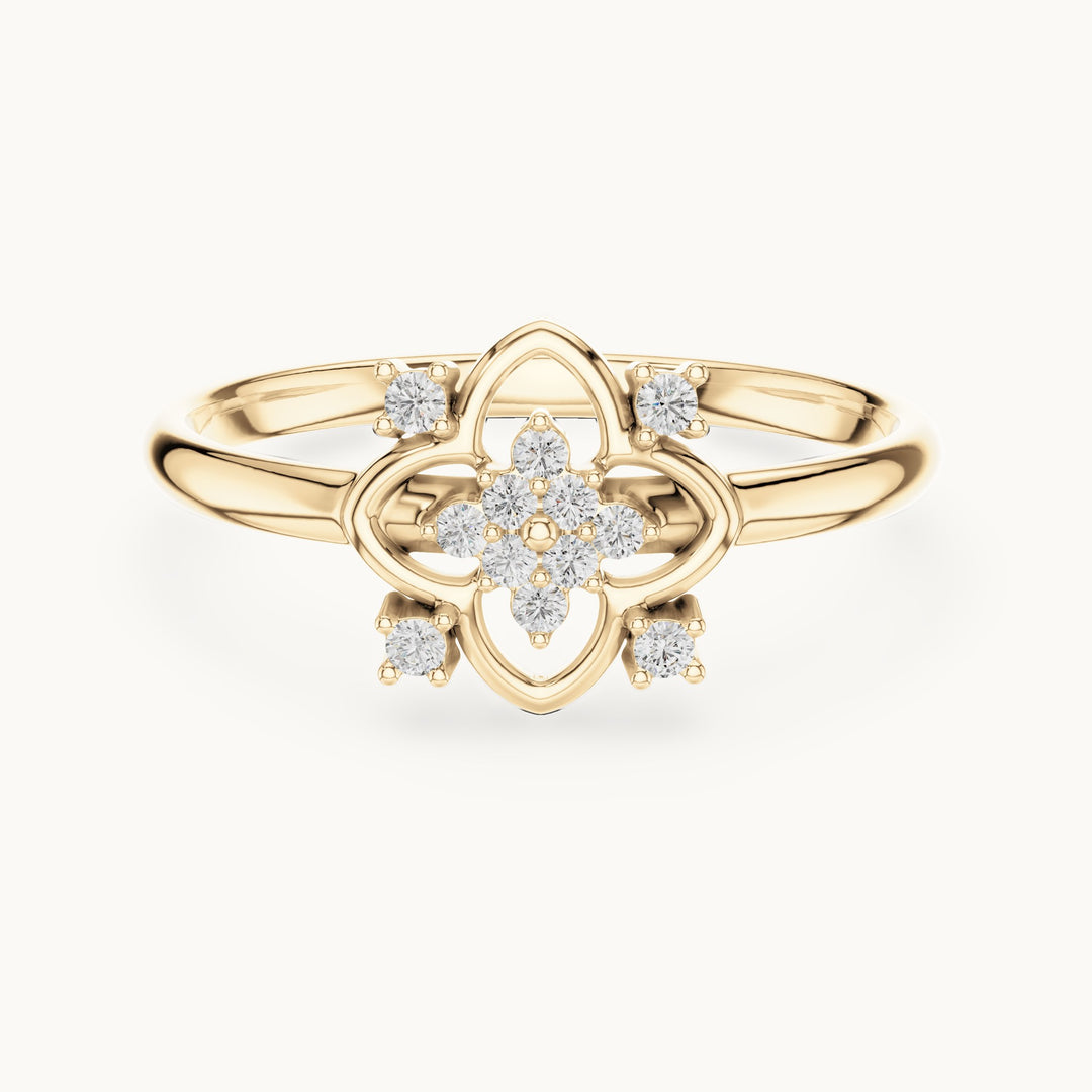 Round lab-grown diamond quatrefoil outline cluster ring in yellow gold, 0.064 CT TW, view 4