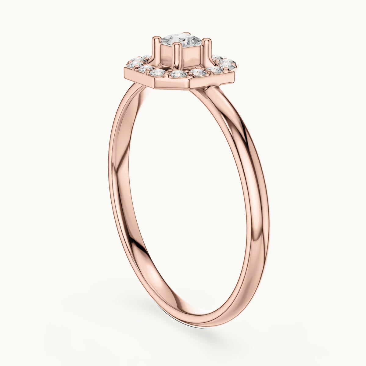 Round and princess-cut lab-grown diamond octagon halo ring in rose gold, 0.13 CT TW, view 1