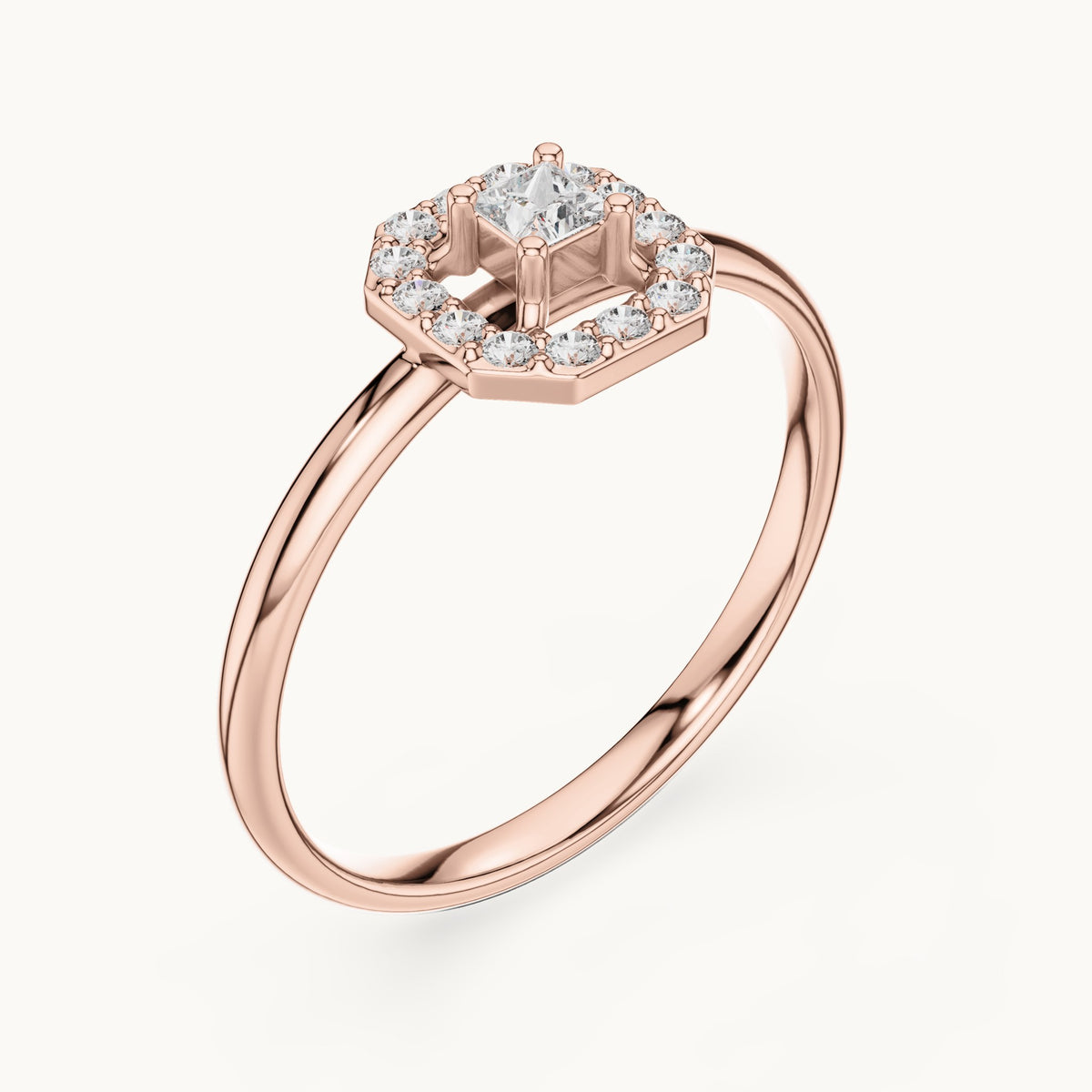 Round and princess-cut lab-grown diamond octagon halo ring in rose gold, 0.13 CT TW, view 2