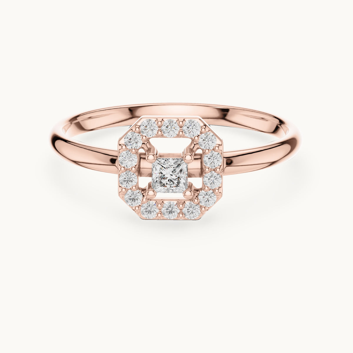 Round and princess-cut lab-grown diamond octagon halo ring in rose gold, 0.13 CT TW, view 4