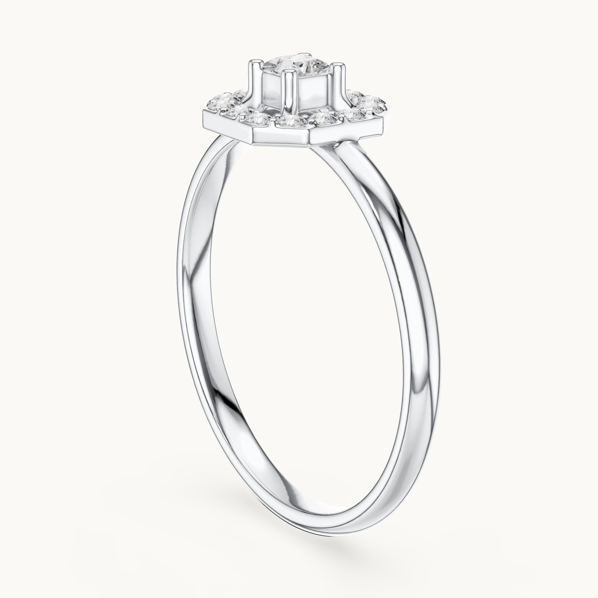 Round and princess-cut lab-grown diamond octagon halo ring in white gold, 0.13 CT TW, view 1