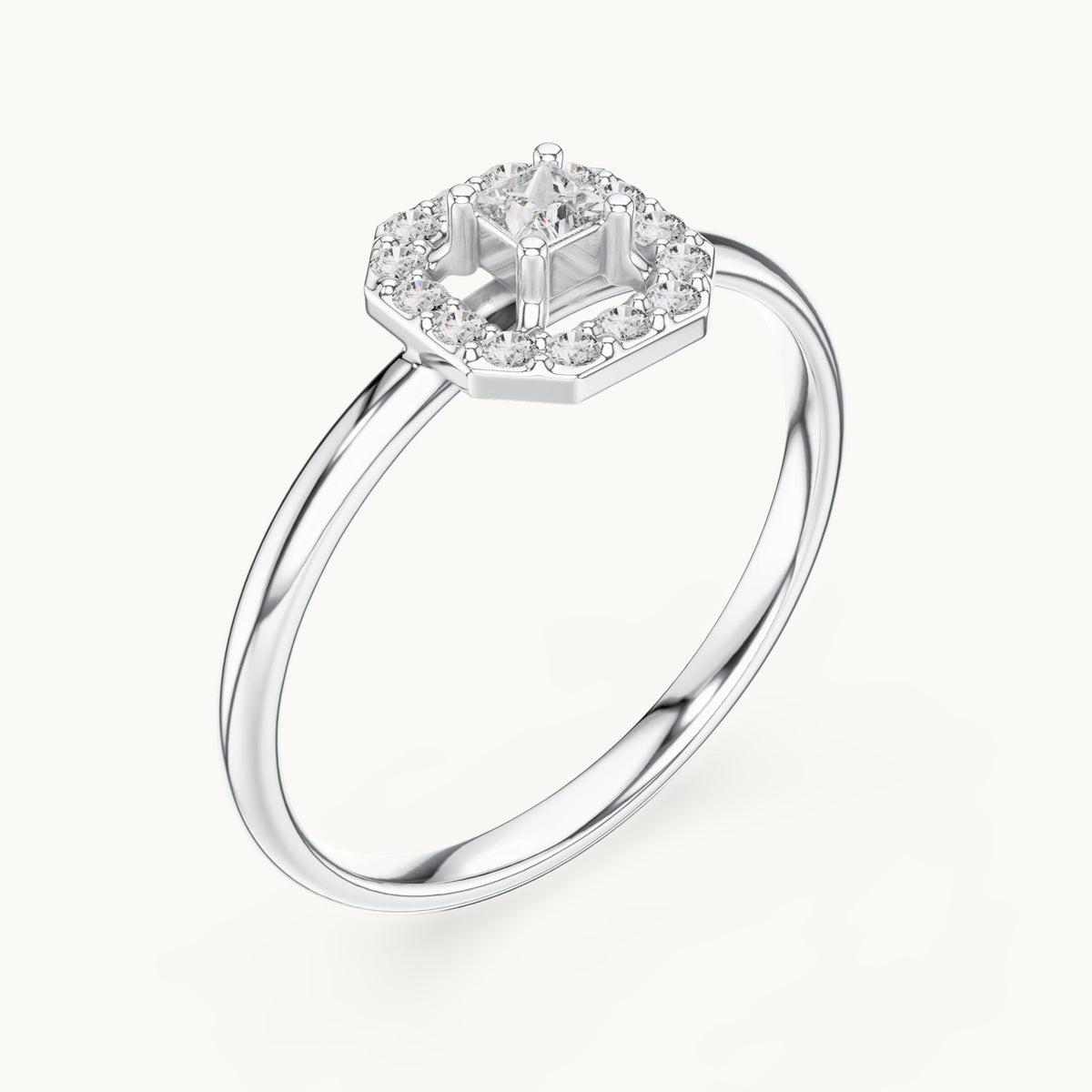 Round and princess-cut lab-grown diamond octagon halo ring in white gold, 0.13 CT TW, view 2