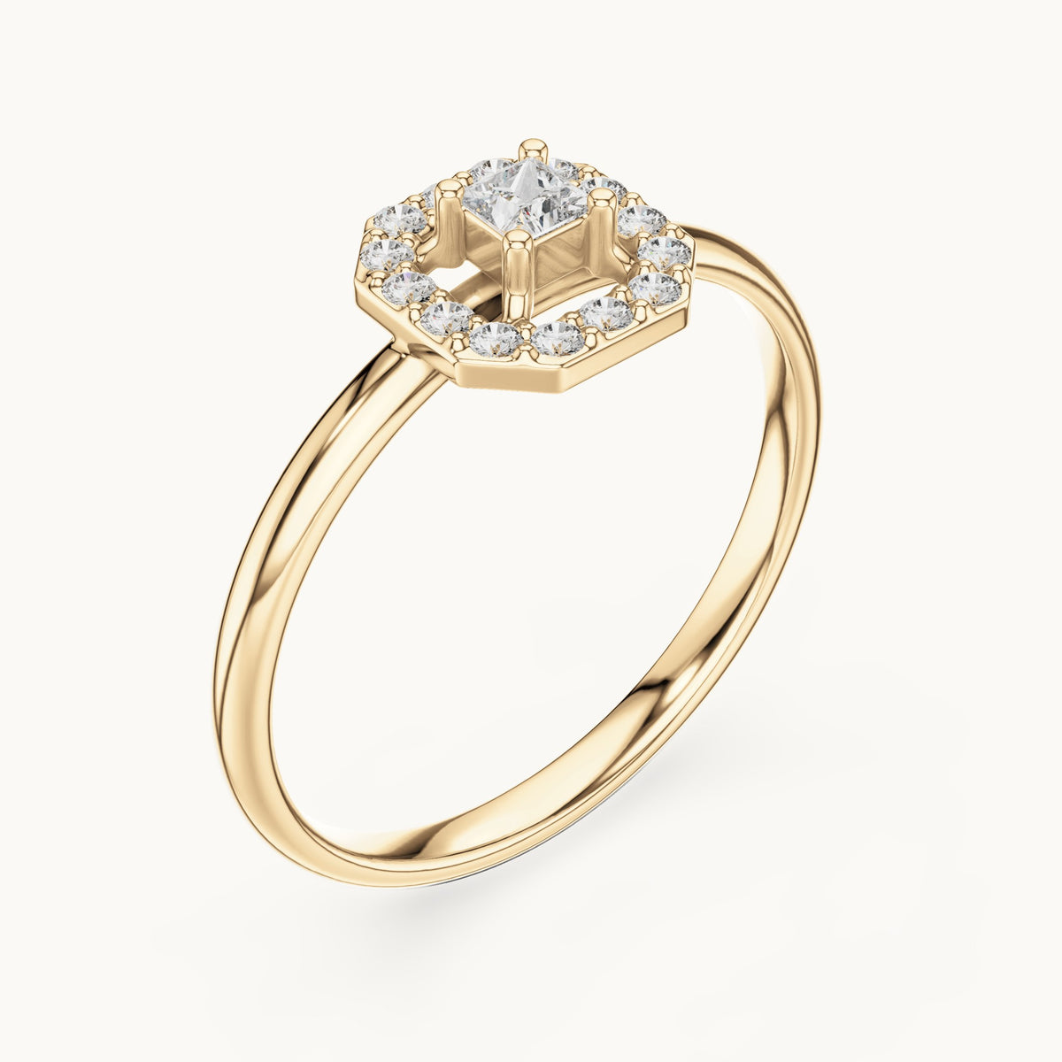 Round and princess-cut lab-grown diamond octagon halo ring in yellow gold, 0.13 CT TW, view 2