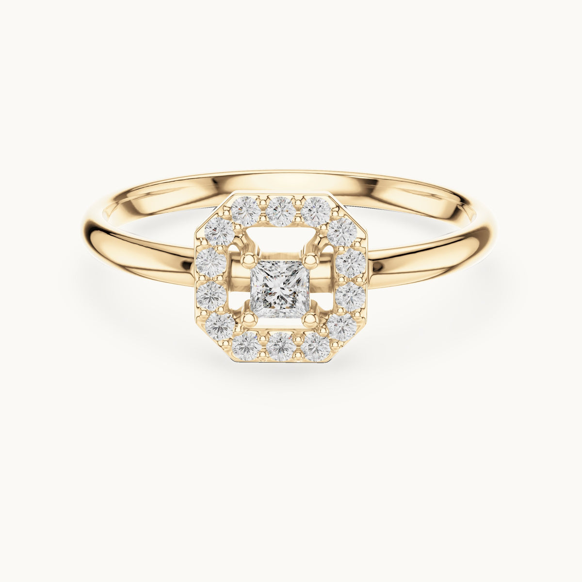 Round and princess-cut lab-grown diamond octagon halo ring in yellow gold, 0.13 CT TW, view 4