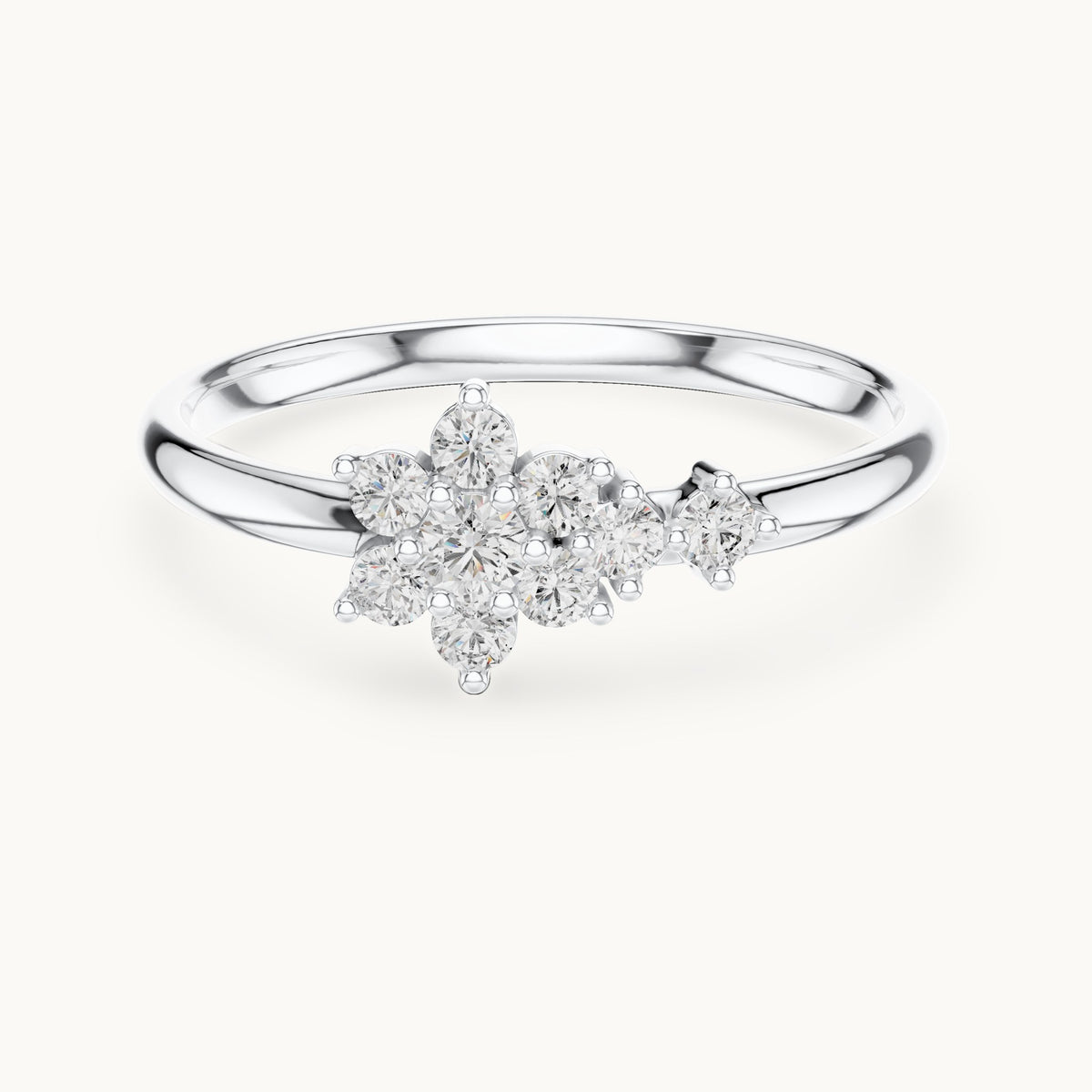 Round lab-grown diamond flower cluster east-west ring in white gold, 0.155 CT TW, view 4