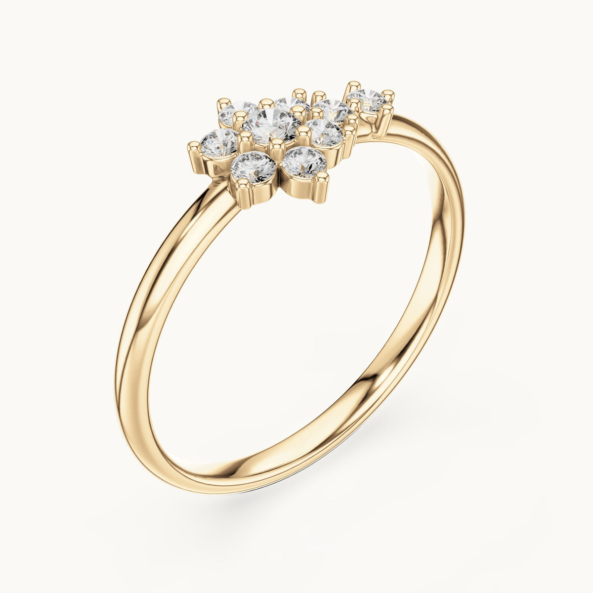 Round lab-grown diamond flower cluster east-west ring in yellow gold, 0.155 CT TW, view 2
