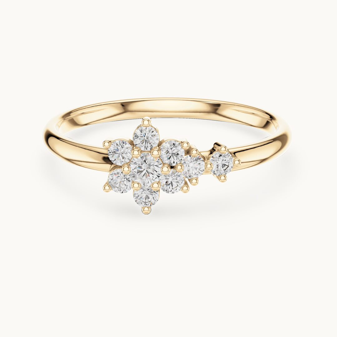 Round lab-grown diamond flower cluster east-west ring in yellow gold, 0.155 CT TW, view 4