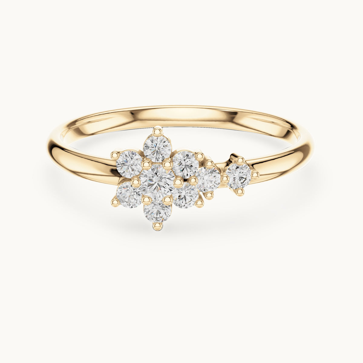 Round lab-grown diamond flower cluster east-west ring in yellow gold, 0.155 CT TW, view 4