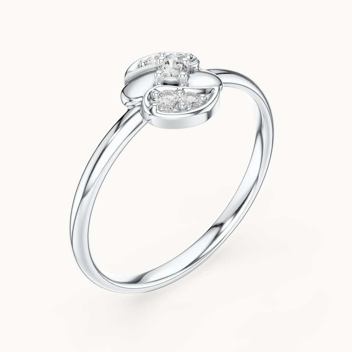 Round lab-grown diamond twin petal swirl ring in white gold, 0.056 CT TW, view 2