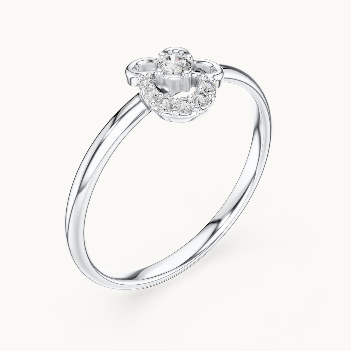 Round lab-grown diamond flower and crescent ring in white gold, 0.066 CT TW, view 2