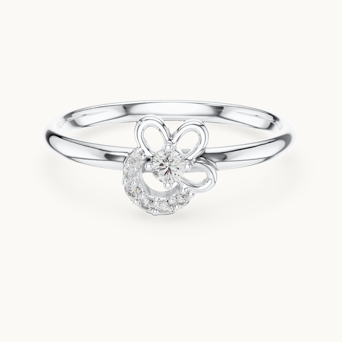 Round lab-grown diamond flower and crescent ring in white gold, 0.066 CT TW, view 4