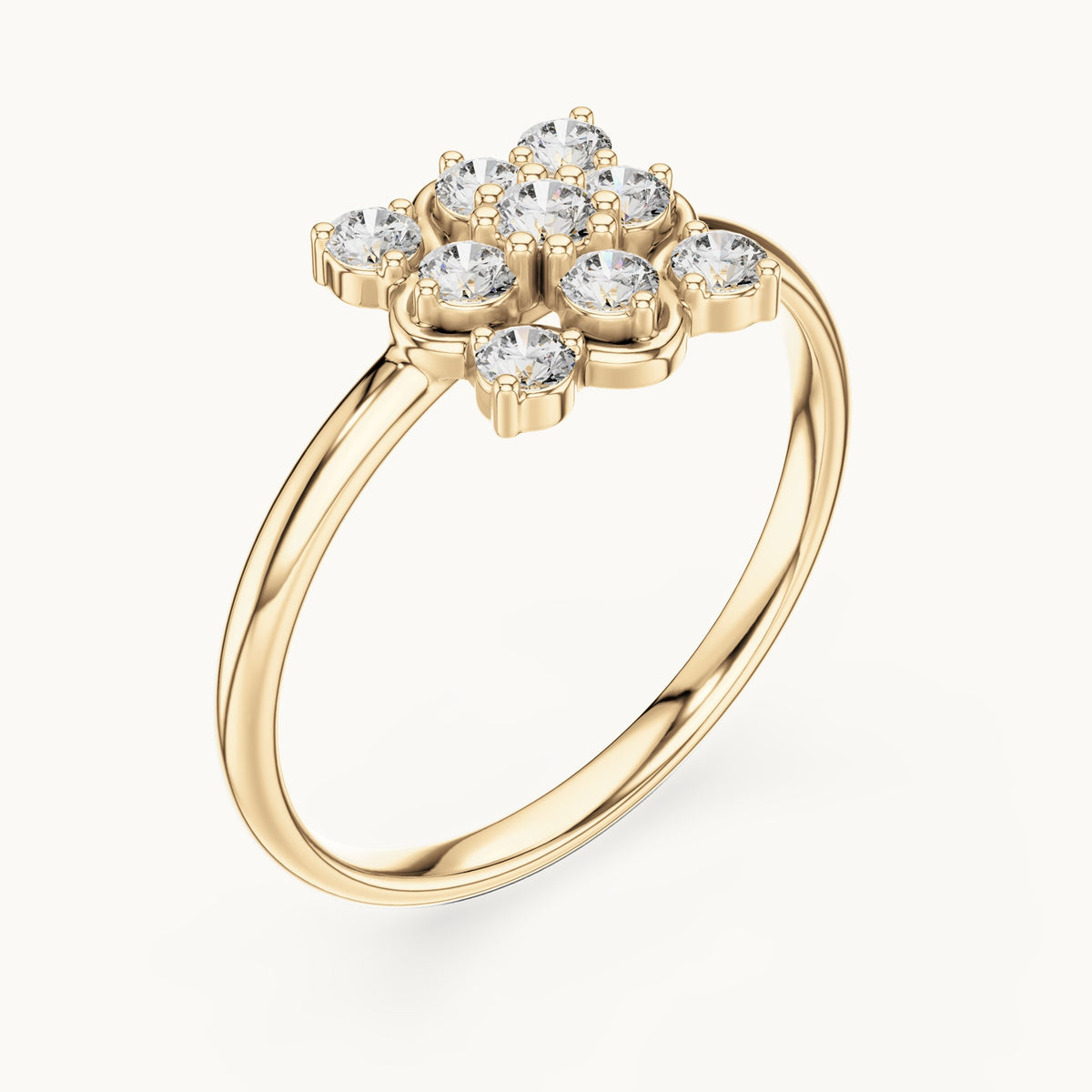 Round lab-grown diamond nine-stone flower cluster ring in yellow gold, 0.195 CT TW, view 2