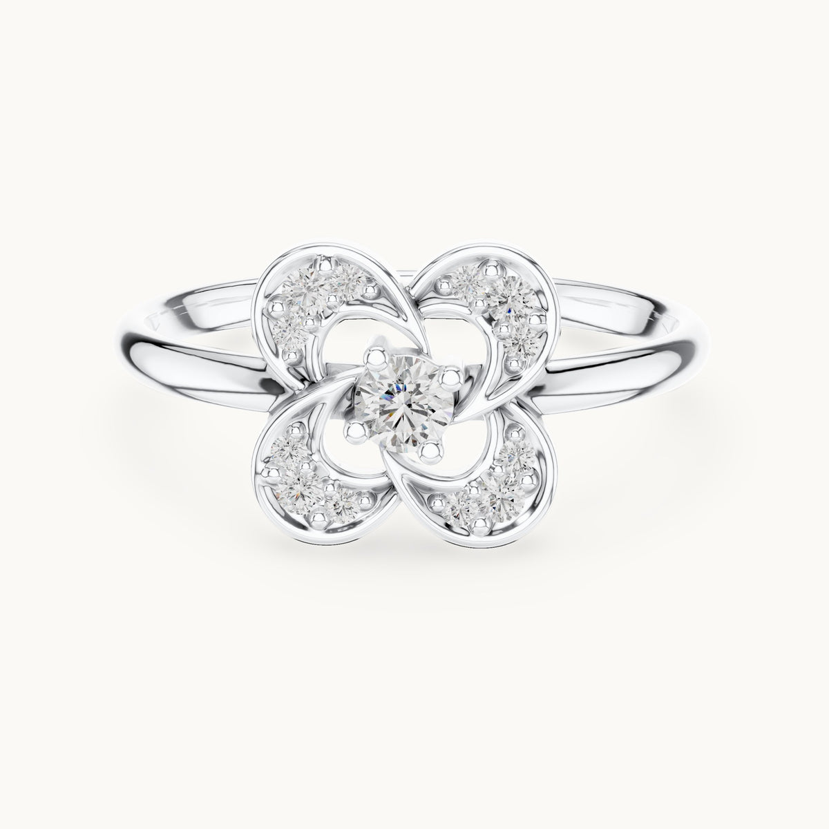 Round lab-grown diamond pave flower loop ring in white gold, 0.114 CT TW, view 4