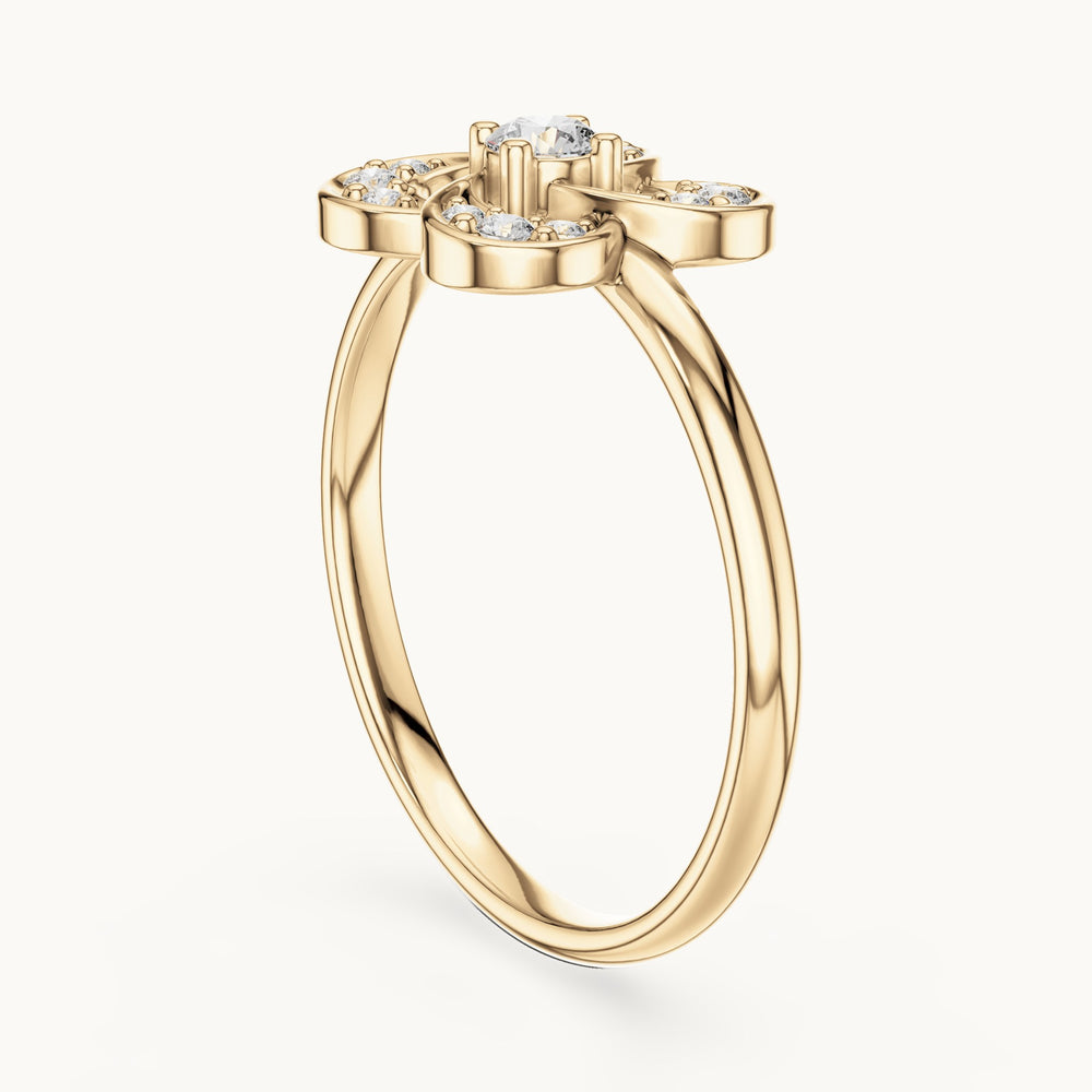 Round lab-grown diamond pave flower loop ring in yellow gold, 0.114 CT TW, view 1