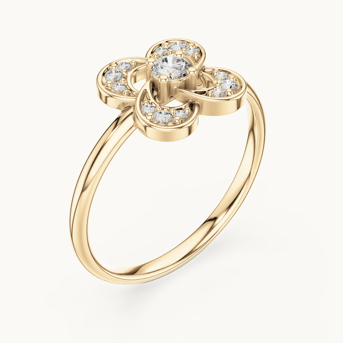 Round lab-grown diamond pave flower loop ring in yellow gold, 0.114 CT TW, view 2