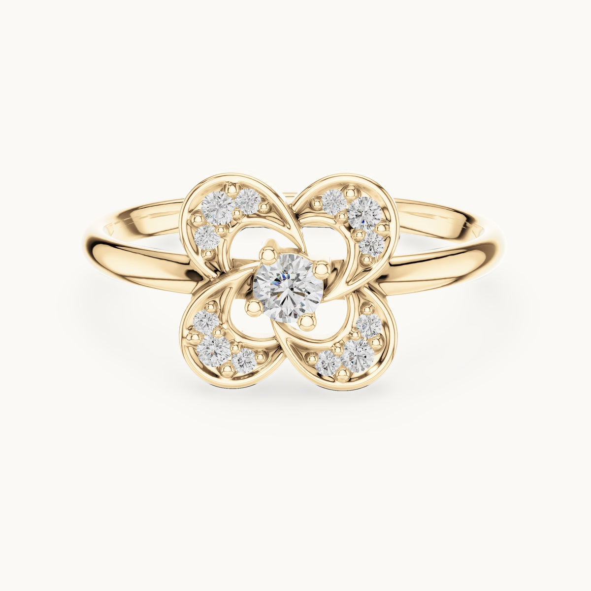 Round lab-grown diamond pave flower loop ring in yellow gold, 0.114 CT TW, view 4