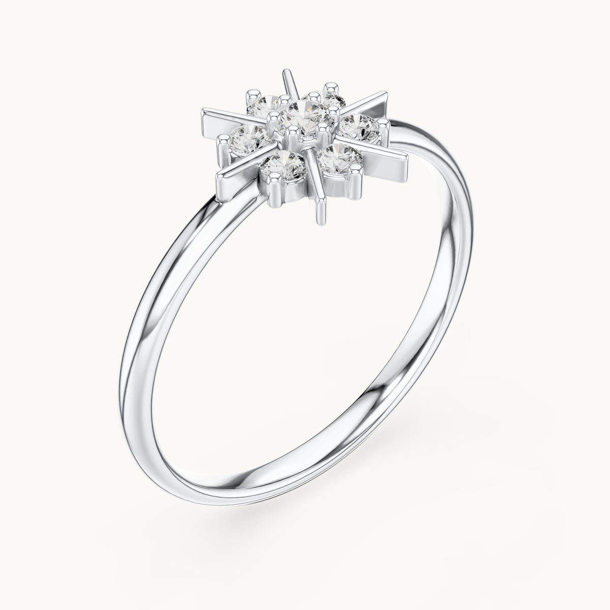 Round lab-grown diamond starburst seven-stone ring in white gold, 0.125 CT TW, view 2