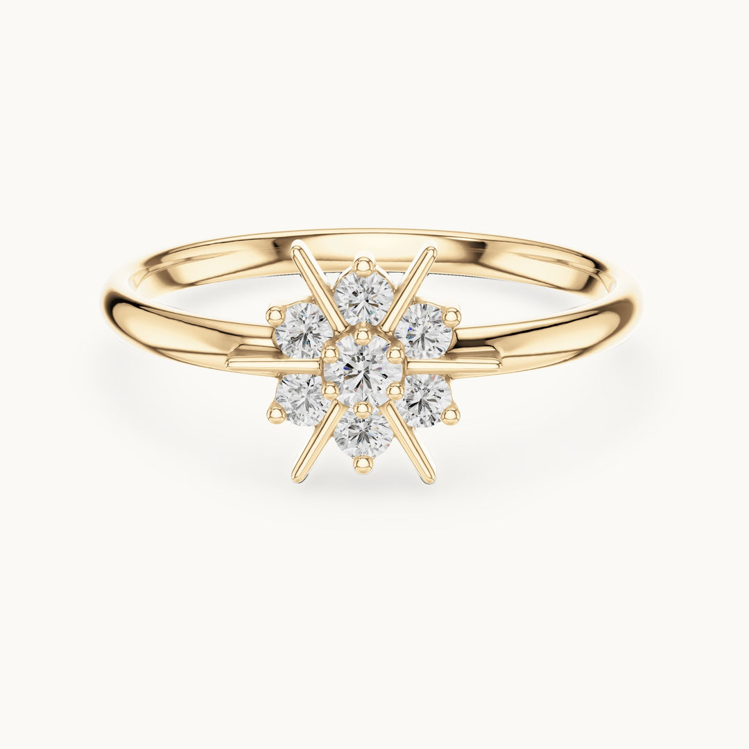 Round lab-grown diamond starburst seven-stone ring in yellow gold, 0.125 CT TW, view 4