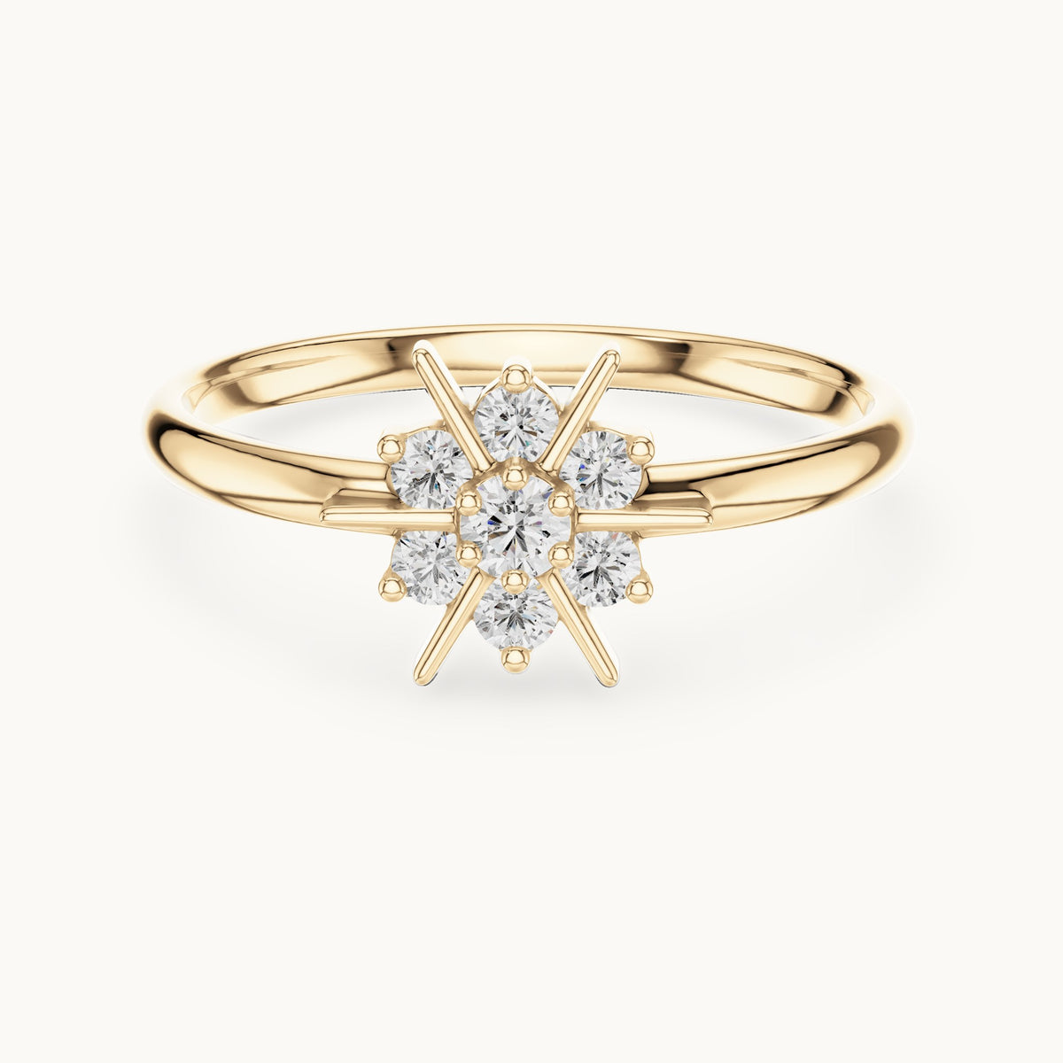 Round lab-grown diamond starburst seven-stone ring in yellow gold, 0.125 CT TW, view 4