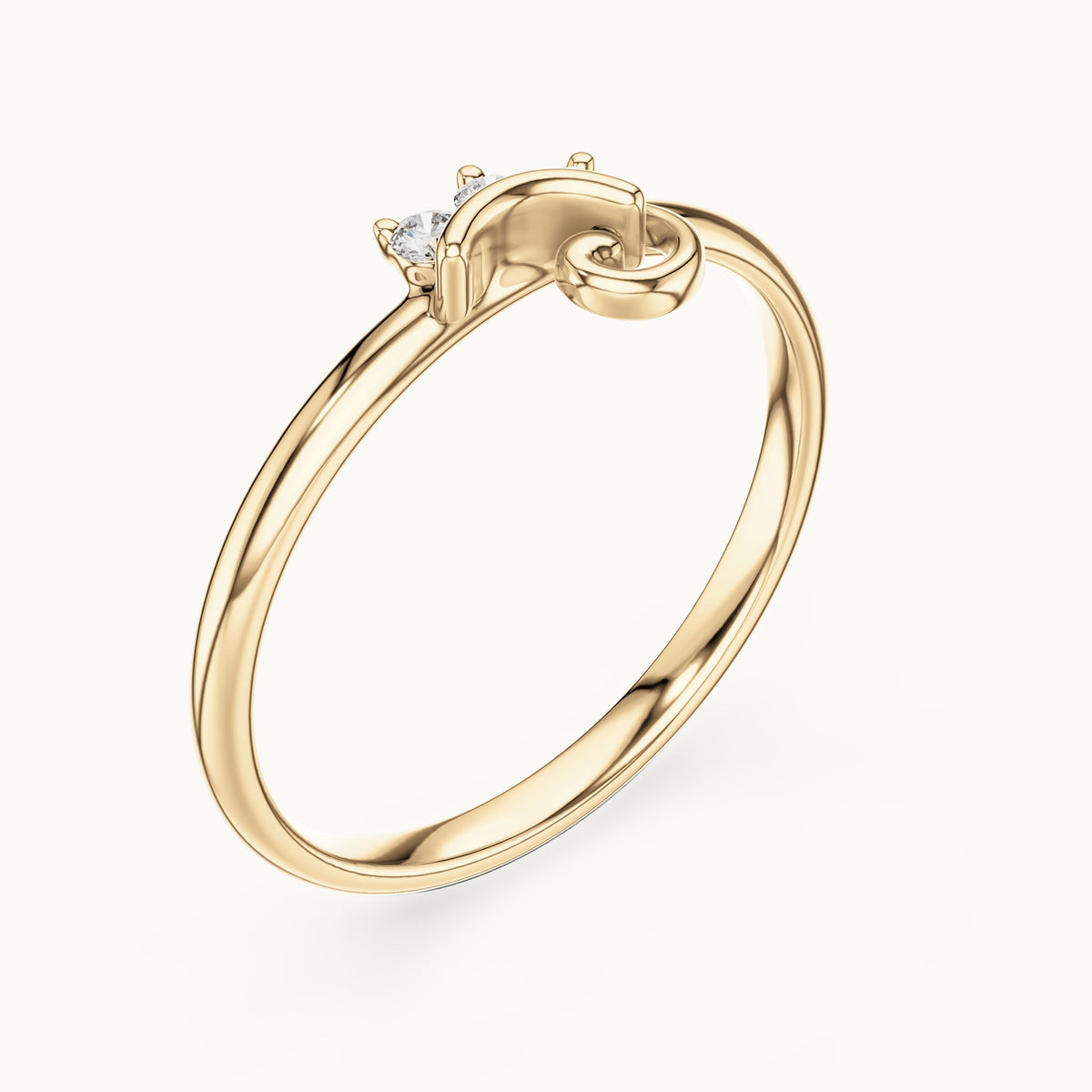 Round lab-grown diamond three-stone curl ring in yellow gold, 0.042 CT TW, view 2