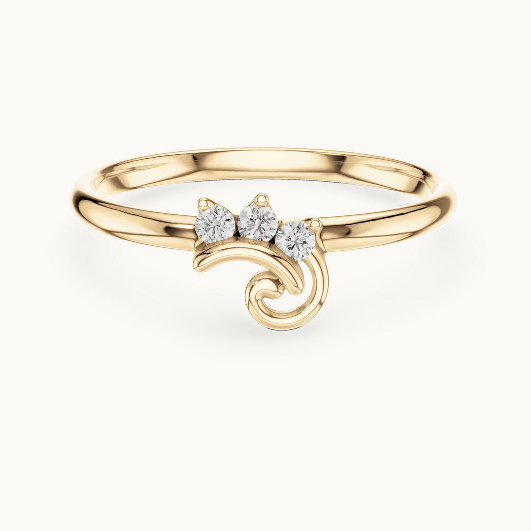 Round lab-grown diamond three-stone curl ring in yellow gold, 0.042 CT TW, view 4
