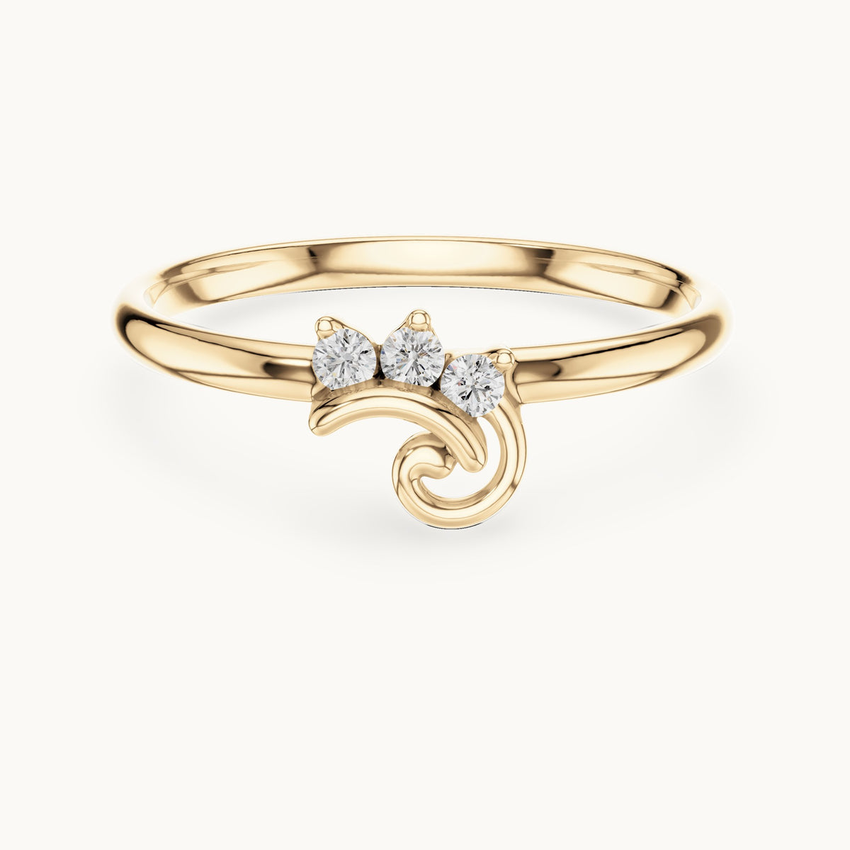 Round lab-grown diamond three-stone curl ring in yellow gold, 0.042 CT TW, view 4