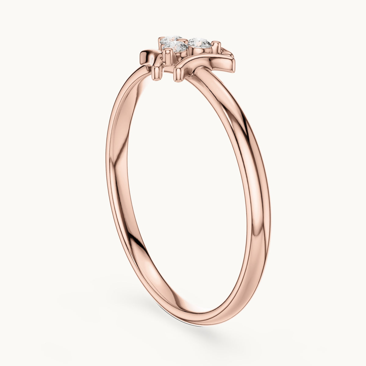 Round lab-grown diamond three-stone open petal ring in rose gold, 0.042 CT TW, view 1