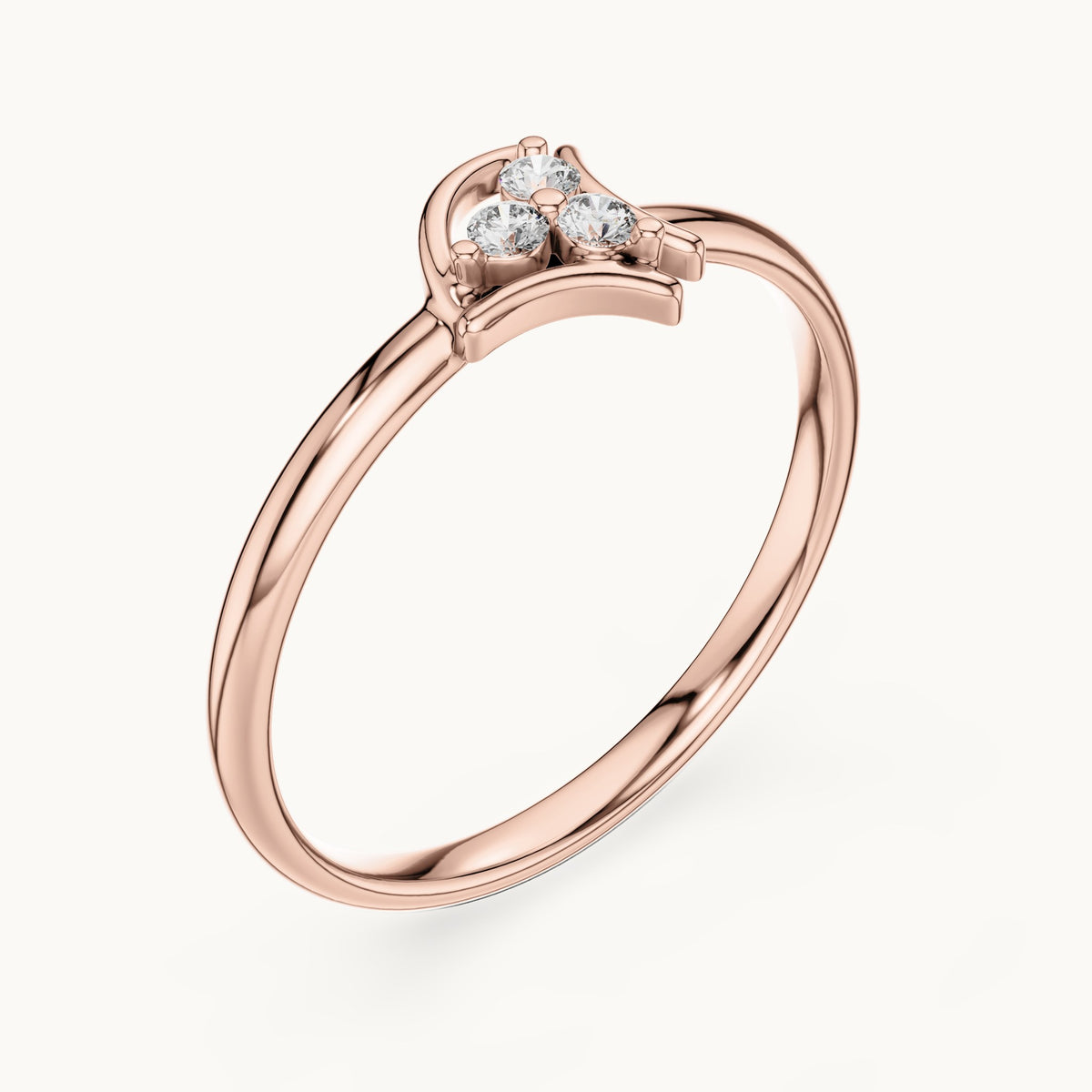 Round lab-grown diamond three-stone open petal ring in rose gold, 0.042 CT TW, view 2