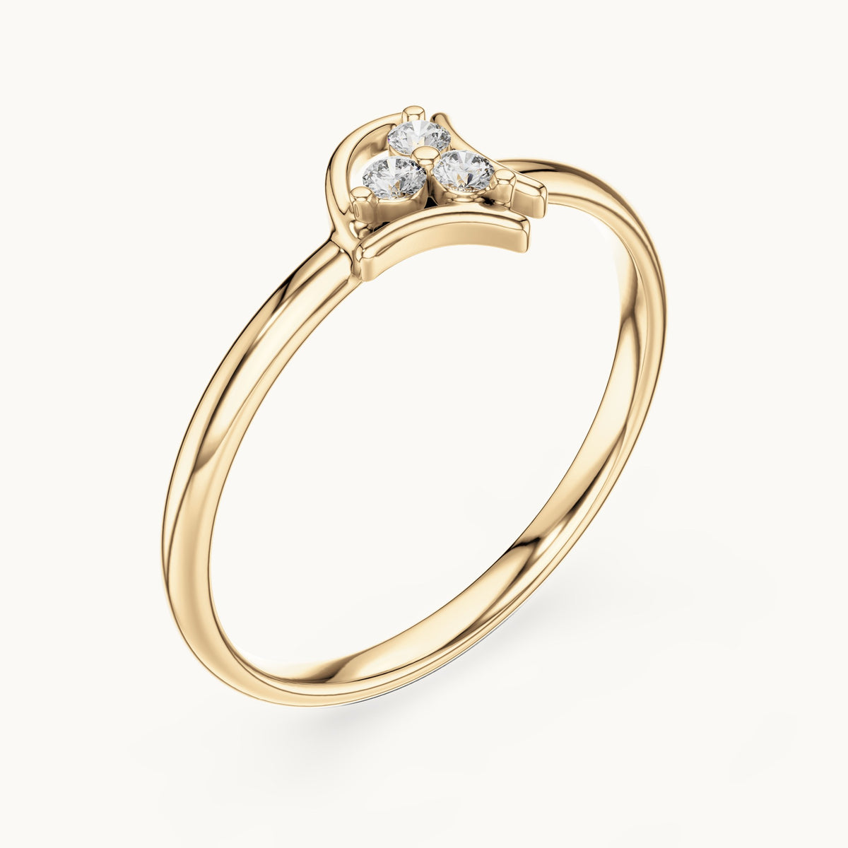 Round lab-grown diamond three-stone open petal ring in yellow gold, 0.042 CT TW, view 2