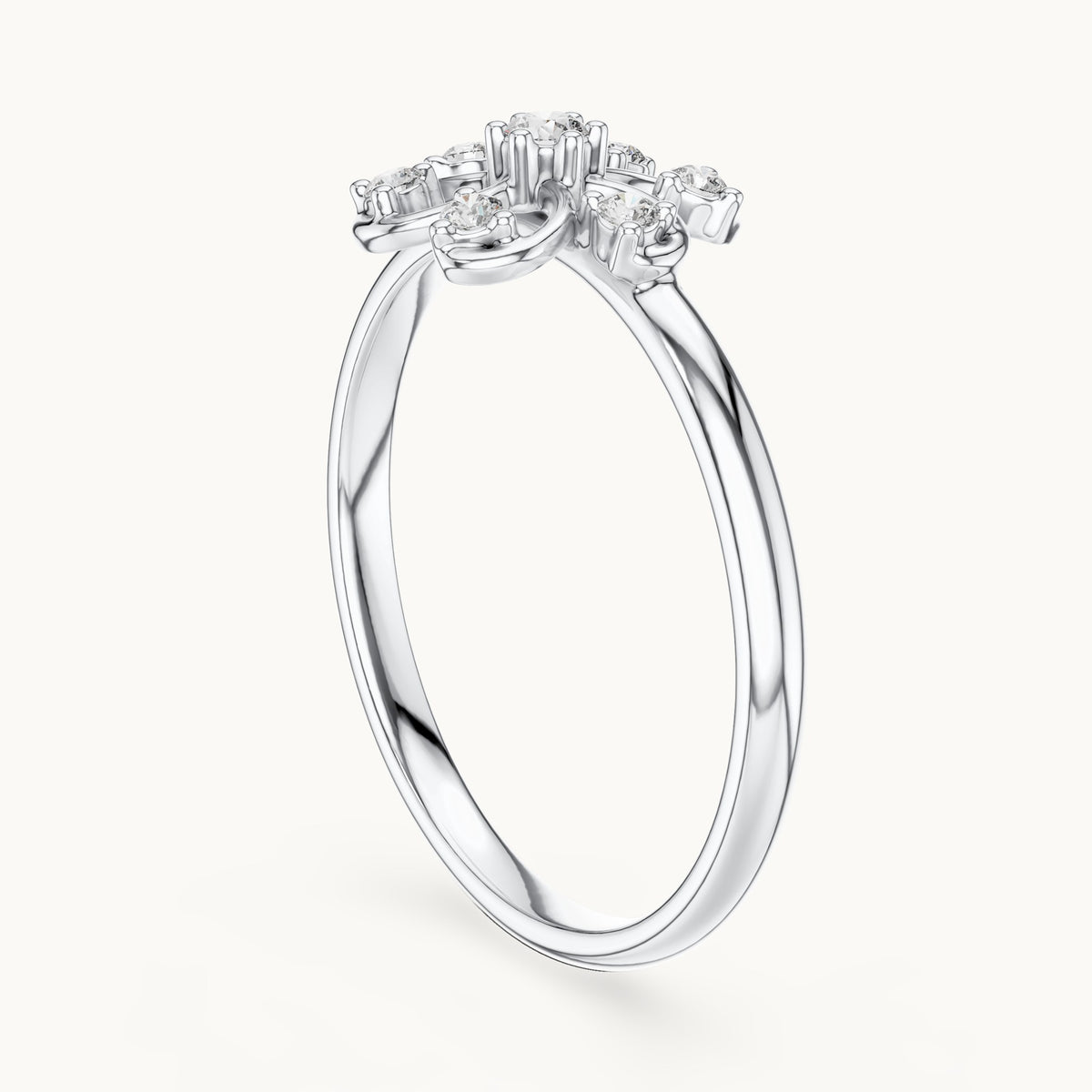 Round lab-grown diamond swirl flower ring in white gold, 0.068 CT TW, view 1