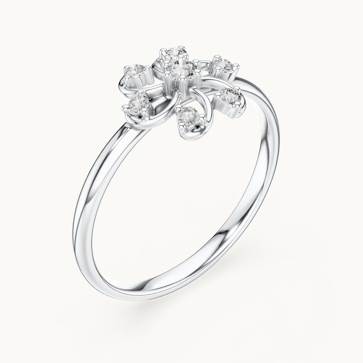 Round lab-grown diamond swirl flower ring in white gold, 0.068 CT TW, view 2