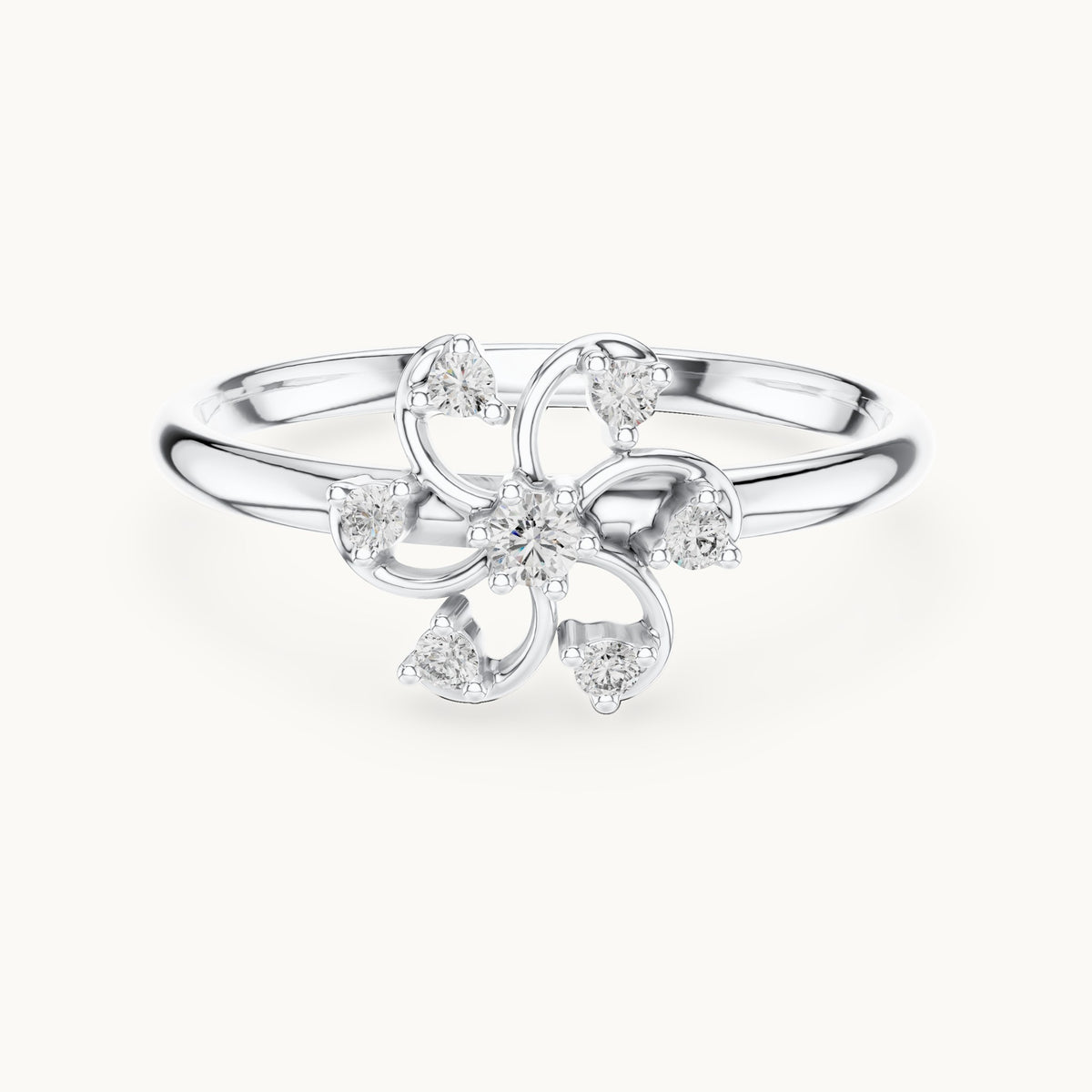 Round lab-grown diamond swirl flower ring in white gold, 0.068 CT TW, view 4